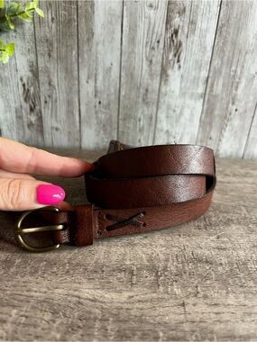Hollister Y2K Vintage Brown Leather Belt with Brass Buckle Logo XS/S